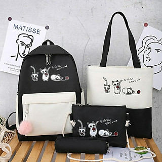 cặp đẹp cho nữ 4 món, balo đi học 3 chú mèo dễ thương, balo học sinh 4 món, cặp học sinh, balo giá rẻ, cặp học sinh cấp