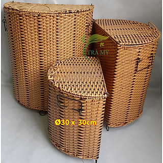 Sọt bán nguyệt có nắp đậy đựng quần áo, sọt đựng rác, sọt mây nhựa đan dành cho gia đình, resort, spa
