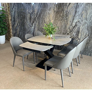 Bàn ăn mặt đá phiến xoay thông minh kéo dài kết hợp ghế Leaf, bàn ăn thông minh 6 ghế 8 ghế