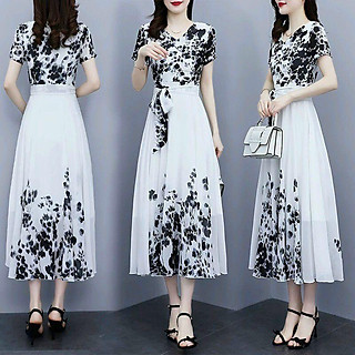 HÀNG NHẬP - ĐẦM XÒE VOAN HOA TRẮNG ĐEN EO BUỘC DÂY