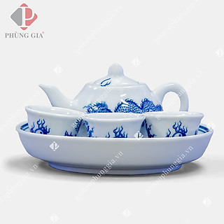 Bộ ấm trà 3 chén men Lam Trắng Trơn họa tiết RỒNG