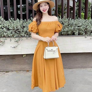 Đầm váy nữ dự tiệc đám cưới màu vàng trễ vai trẻ trung nhẹ nhàng