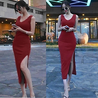 F476 Đầm Ôm body Cổ Tim Sát Nách Form Dài Xẻ Sườn