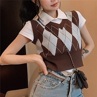 Set áo polo mix gile croptop kẻ caro phong cách highteen