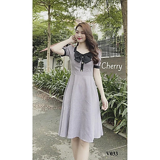 Đầm công sở kẻ caro nhỏ thắt nơ, váy vintage dáng xòe xinh đẹp, ngắn tay xinh xắn phù hợp đi làm dự tiệc Cherry - V038