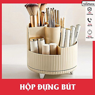 Kệ Để Bút 5 Ngăn Xoay 360 Độ, Hộp Đựng Cọ Trang Điểm Để Bàn Tiện Dụng Màu Kem