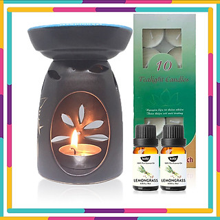 Combo Đèn Xông Tinh Dầu Nến + 2 Lọ Tinh Dầu Sả Chanh Kobi 10ml + Nến Tealight Sạch (Hộp 10 Viên)