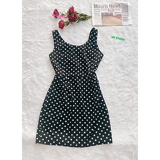 Đầm Nữ Váy Đen Chấm Bi Trắng, Ôm Body, Đính Nút Lưng Tôn Dáng