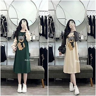 Váy suông dài tay form rộng in gấu phối tay, đầm suông dài tay bo cá tính