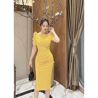 Đầm nữ Midi tay phồng xẻ tà màu sắc (Vàng, Trắng, Đen, Đỏ) thanh lịch, sang trọng thích hợp dự tiệc, dạo phố