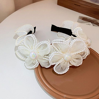 Cài tóc trân châu màu trắng, hoa vải trắng xinh đẹp, băng đô cài tóc áo dài tết