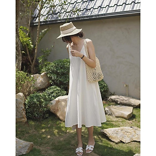 ĐẦM SUÔNG LỤA MAY 2 LỚP TRẮNG ĐEN CỔ TIM