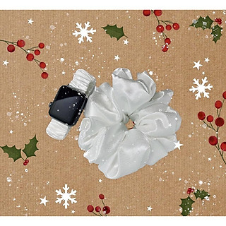 Combo dây đồng hồ apple watch và scrunchies dây cột tóc, buộc tóc vải satin lụa TRẮNG Noel