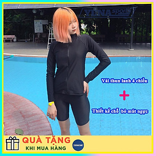 Đồ bơi nữ bikini 2 mảnh tay dài quần lửng kín đáo đi biển đi bơi thun lạnh áo tay dài dây kéo quần dài che khuyết điểm | QP029