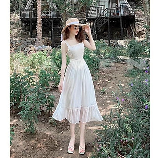 Đầm váy maxi voan Chingfon 2 lớp màu trắng dịu dàng tính khôi (Có mút ngực).