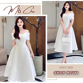 Đầm xòe nơ trễ vai phối lưới