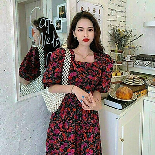 Đầm Xoè Hoa Tay Phồng Cổ Vuông