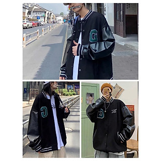 Áo Bomber Thêu Chữ G Tay Da Cúc Bấm Dáng Thụng Màu Đen Basic