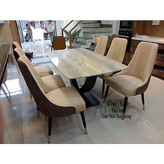 Bàn ăn 6 ghế mặt đá ceramic chống thấm, chân bàn sắt