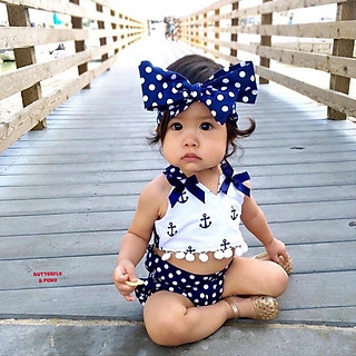 Bộ Áo Quần 1-3 Tuổi Tặng Băng Đô Turban Đồ Bơi Chấm Bi Dễ Thương Bé Gái Nhập Khẩu