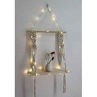 Kệ gỗ trang trí dây treo tường tết macrame phối đèn led