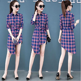 Đầm sơ mi nữ tà lệch kèm dây thắt eo sang chảnh