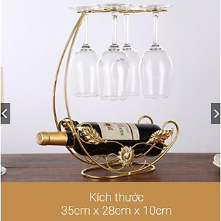 Kệ để rượu vang độc đáo hình hoa lá có giá treo 4 ly , Giá treo ly rượu trang trí phòng khách & quầy bar DH-BK0010