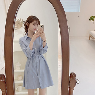 Đầm Sơ Mi Xanh Kẻ Sọc Kèm Dây Thắt eo, Váy Thiết Kế Sơ Mi Kiểu Hàn Haint Boutique Da26