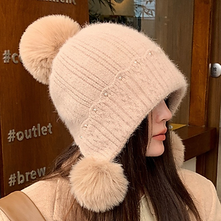Mũ len mùa đông nón len quả bông trùm đầu nữ cao cấp