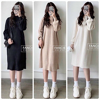 váy len suông dài tay bo tay,đầm suông nữ len gân dáng dài thu đông 3 màu cá tính