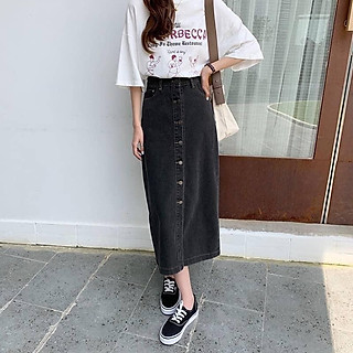 Chân Váy Bò Cạp Cao Dài Qua Gối Xẻ Trước