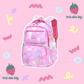 BALO TIỂU HỌC CHO BÉ GÁI ĐI HỌC DẠNG GALAXY CÓ NHIỀU NGĂN CHẤT LỤA MÀU HỒNG(trái dâu tây)