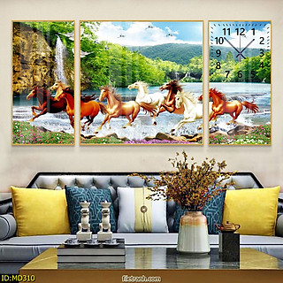Đồng Hồ Treo Tường Bộ 3 Bức Tám Con Ngựa Phi Nước Đại Dũng Mãnh - Tranh Đồng Hồ Cho Người Tuổi Ngọ Kèm Pin, Đinh 3 Chân
