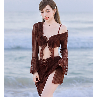 Bikini Set 3 Chi Tiết - Áo Choàng Dài Tay - Váy Rút Dây - Bèo Nhún Xinh Tiểu Thư BK006 MayHomes Đồ Bơi Nữ Ba Mảnh