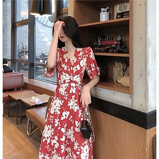 Đầm xòe hoa đỏ trắng cổ V xoắn eo DN598