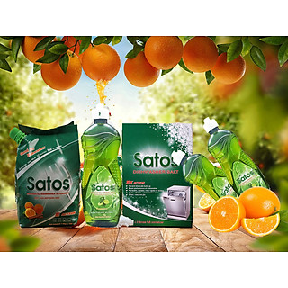 Combo bột rửa bát sinh học Satos 1.5kg + nước bóng hữu cơ Satos 500ml + muối Satos 1.5kg
