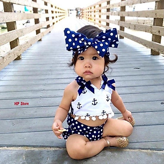 Bộ Áo Quần 1-3 Tuổi Tặng Băng Đô Turban Đồ Bơi Chấm Bi Dễ Thương Bé Gái Nhập Khẩu