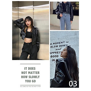 Áo Khoác Croptop Bomber Da Dài Tay Cúc Bấm Màu Đen So Hot