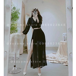 Sét bộ voan cao cấp ÁO tay dài cột nơ kèm CHÂN VÁY dài xẻ tà ( có LÓT )