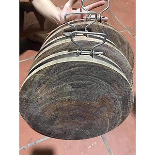 thớt gỗ nghiến đường kính 35cm dày5cm có đai inox như hình