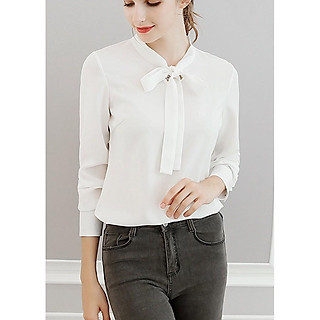 Áo sơ mi công sở cổ thắt nơ, chất vải kate mềm mại, hàng nhập Quảng Châu