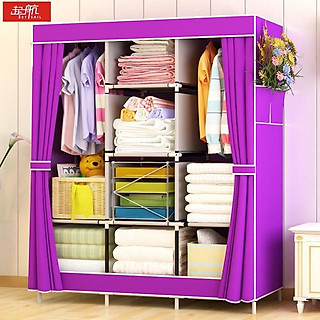 TỦ vải đựng quần áo 3 buồng 8 ngăn khung sắt