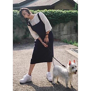 Set váy yếm kaki đen kèm áo thun ngắn siêu xinh cực dễ mặc