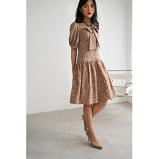 De Leah - Đầm Hạ Eo Cổ Dây nơ - Nâu cam