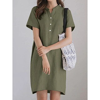 Đâm sơ mi nữ, đầm suông nữ cổ tàu đóng cúc thanh lịch, chất linen mềm mát AH199