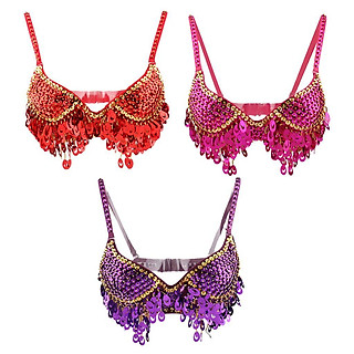 3pcs Belly Dance Beads Bra Sequins Top Sexy Dancing Singer Costume Tassels