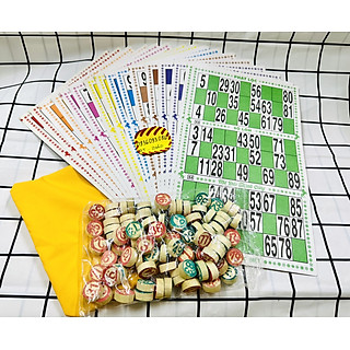 Bộ Đồ Chơi Lô Tô Bằng Giấy 16 Tờ Kèm 90 Số Bingo Bằng Gỗ Và Túi Vải, Cờ Lô Tô Giải Trí Giá Rẻ
