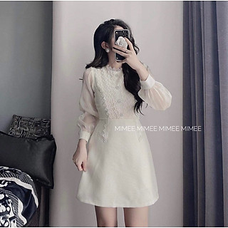 Đầm trắng phối ren tay phồng tiểu thư
