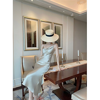 Đầm satin dài cổ đổ