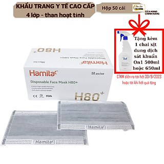 Khẩu trang y tế than hoạt tính Hamita 4 lớp (Hộp 50 cái) Hàng xuất khẩu Model H80+ _ ISO13485, CE, FDA - Mẫu mới, sử dụng thanh nẹp mũi băng kẽm giúp cố định mũi tốt hơn